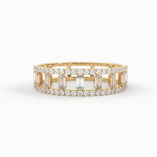 Load image into Gallery viewer, 14k Gold Double Row Micro Pave Diamond Ring with Baguette Diamond / Christmas Gift - Jalvi &amp; Co.