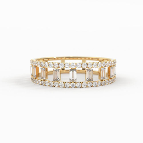 14k Gold Double Row Micro Pave Diamond Ring with Baguette Diamond / Christmas Gift - Jalvi & Co.