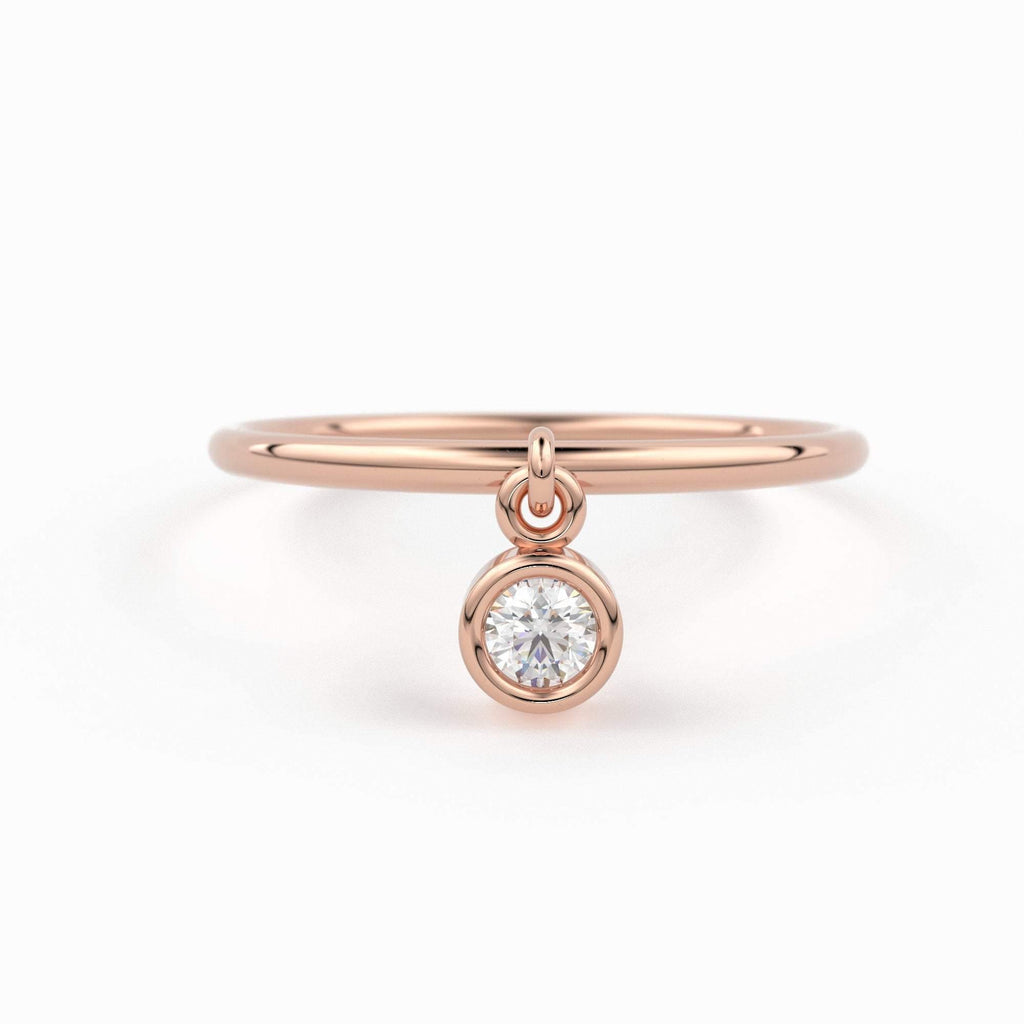 14k Gold Thin Ring with a 0.05ctw Round White Diamond Dangling Charm Ring - Round Cut Diamond Dangle Ring / Stacking Diamond Ring - Jalvi & Co.