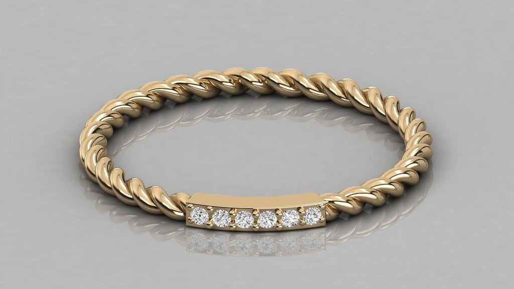 14k Gold Twisted Diamond Wedding Band / Twisted Band Ring with Diamonds / Micro Pave Ring with Twisted Gold Band / Minimalist Stacking Ring - Jalvi & Co.