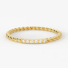 Load image into Gallery viewer, 14k Gold Twisted Diamond Wedding Band / Twisted Band Ring with Diamonds / Micro Pave Ring with Twisted Gold Band / Minimalist Stacking Ring - Jalvi &amp; Co.