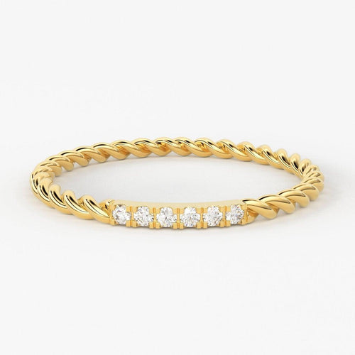 14k Gold Twisted Diamond Wedding Band / Twisted Band Ring with Diamonds / Micro Pave Ring with Twisted Gold Band / Minimalist Stacking Ring - Jalvi & Co.