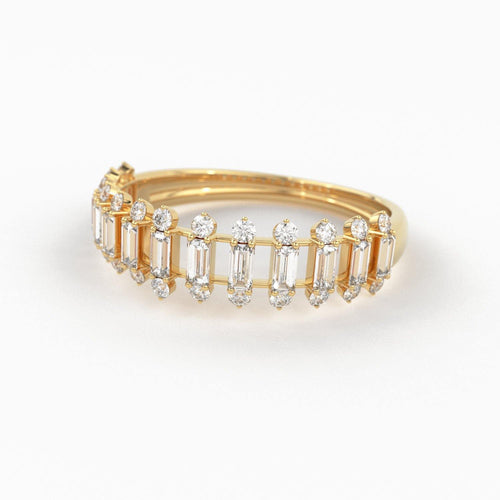 Baguette Diamond Anniversary Ring / 14k Gold Half Eternity Baguette and Round Diamond / Statement Brilliant Round Cut Ring - Jalvi & Co.