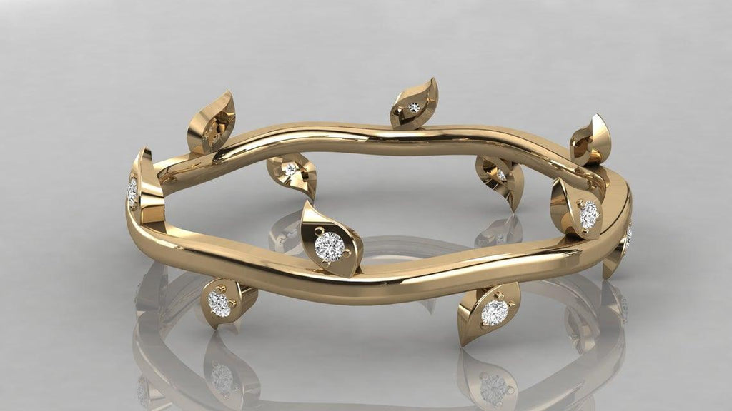 Brilliant Diamond Band in 14k Gold / Round Diamond Ring / Round Gold Band White Diamond Ring / Leaf Diamond Wedding Band - Jalvi & Co.
