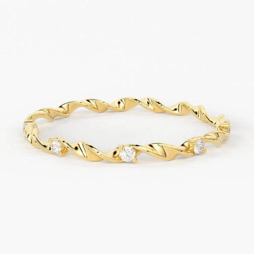 Diamond Twisted Band in 14k Gold / Thin Diamond Ring / Simple Thin Gold Band White Diamond Ring / Diamond Prong Set Wedding Band - Jalvi & Co.