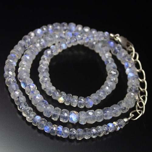 Ready to wear - 19 inch, 4-6mm, Blue Rainbow Moonstone Faceted Rondelle Beads Necklace, Rainbow Moonstone Beads - Jalvi & Co.