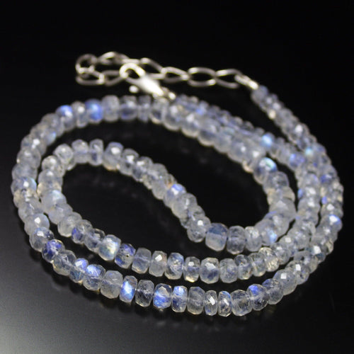 Ready to wear - 19 inch, 4-6mm, Blue Rainbow Moonstone Faceted Rondelle Beads Necklace, Rainbow Moonstone Beads - Jalvi & Co.