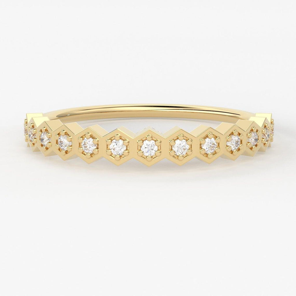 Round Diamond Band in 14k Gold / Hexagon Diamond Ring / Gold Band White Diamond Ring / Diamond Wedding Band - Jalvi & Co.