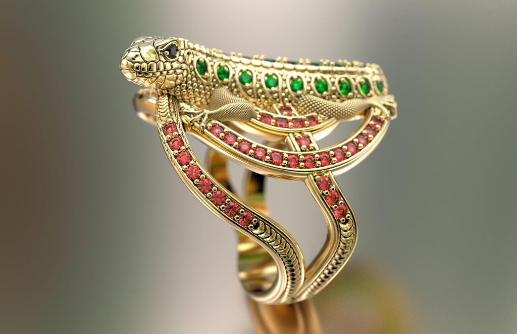 Lizard 14K Gold Diamond Ring / Gecko Emerald Ring / Iguana Ruby Ring/ Animal Gemstone Cocktail Ring - Jalvi & Co.