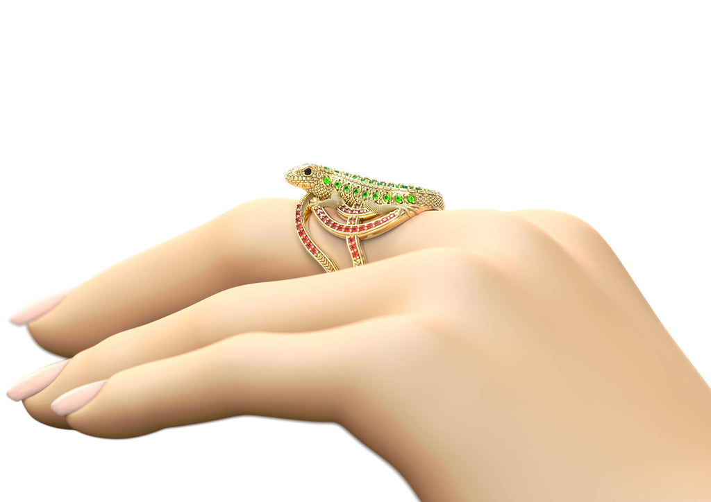 Lizard 14K Gold Diamond Ring / Gecko Emerald Ring / Iguana Ruby Ring/ Animal Gemstone Cocktail Ring - Jalvi & Co.