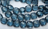 London Blue Quartz Faceted Cushion Shaped Briolettes Loose Gemstone Beads 8 Inch Strand Super Finest Quality, 10mm