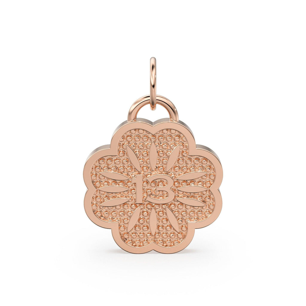 Lucky Number 13 Solid Gold 14k 18k Milgrain Design Flower Shape Pendant / Gold Pendant / Lucky Number Pendant - Jalvi & Co.