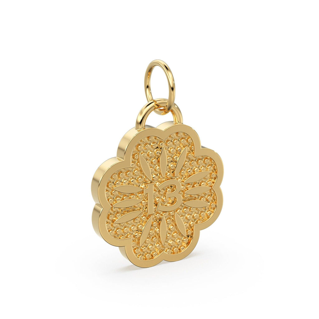 Lucky Number 13 Solid Gold 14k 18k Milgrain Design Flower Shape Pendant / Gold Pendant / Lucky Number Pendant - Jalvi & Co.