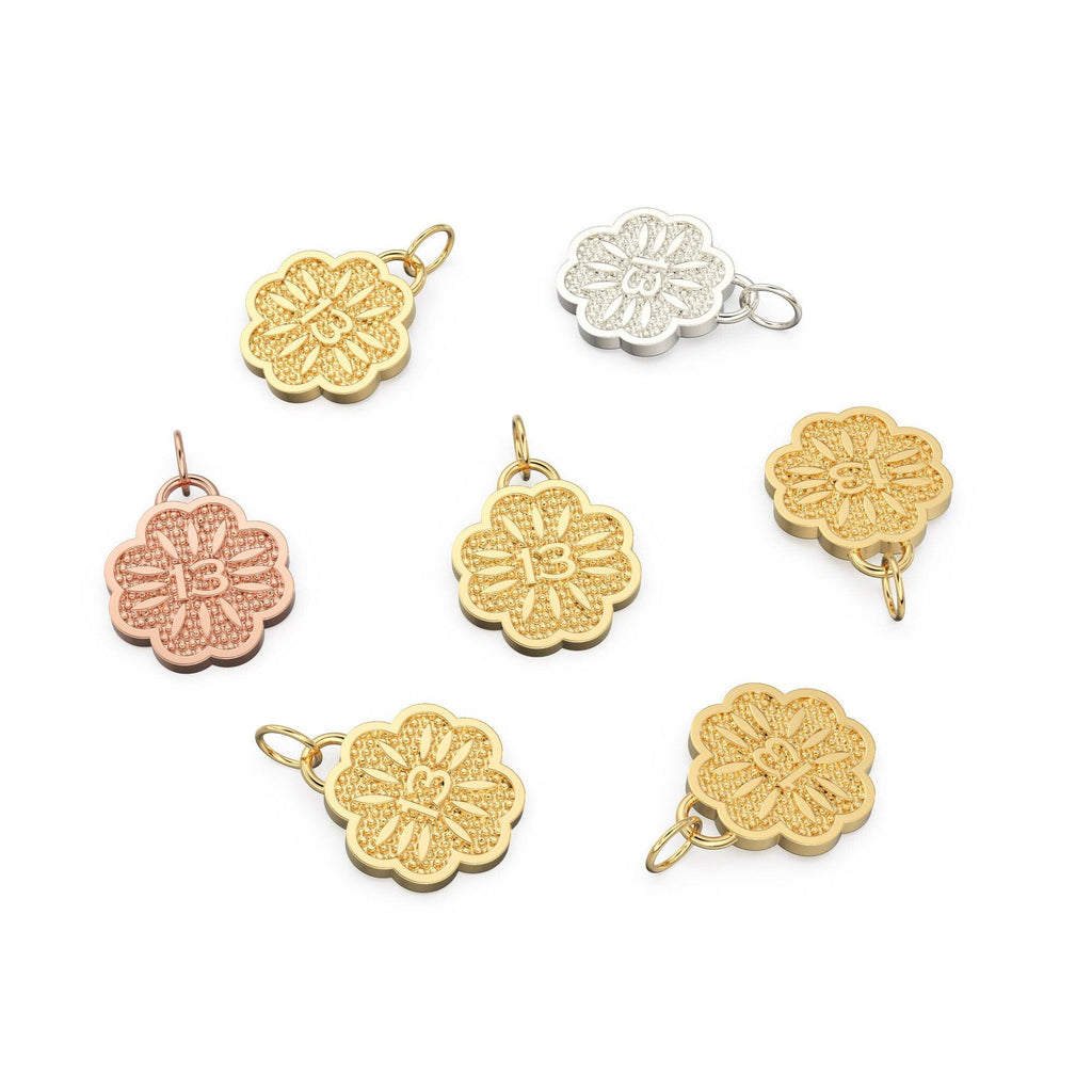 Lucky Number 13 Solid Gold 14k 18k Milgrain Design Flower Shape Pendant / Gold Pendant / Lucky Number Pendant - Jalvi & Co.