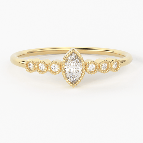 Marquise Diamond Ring / 14k Diamond Stackable Wedding Band / Round & Pear Shape Diamond Ring / Milgrain Anniversary Band - Jalvi & Co.