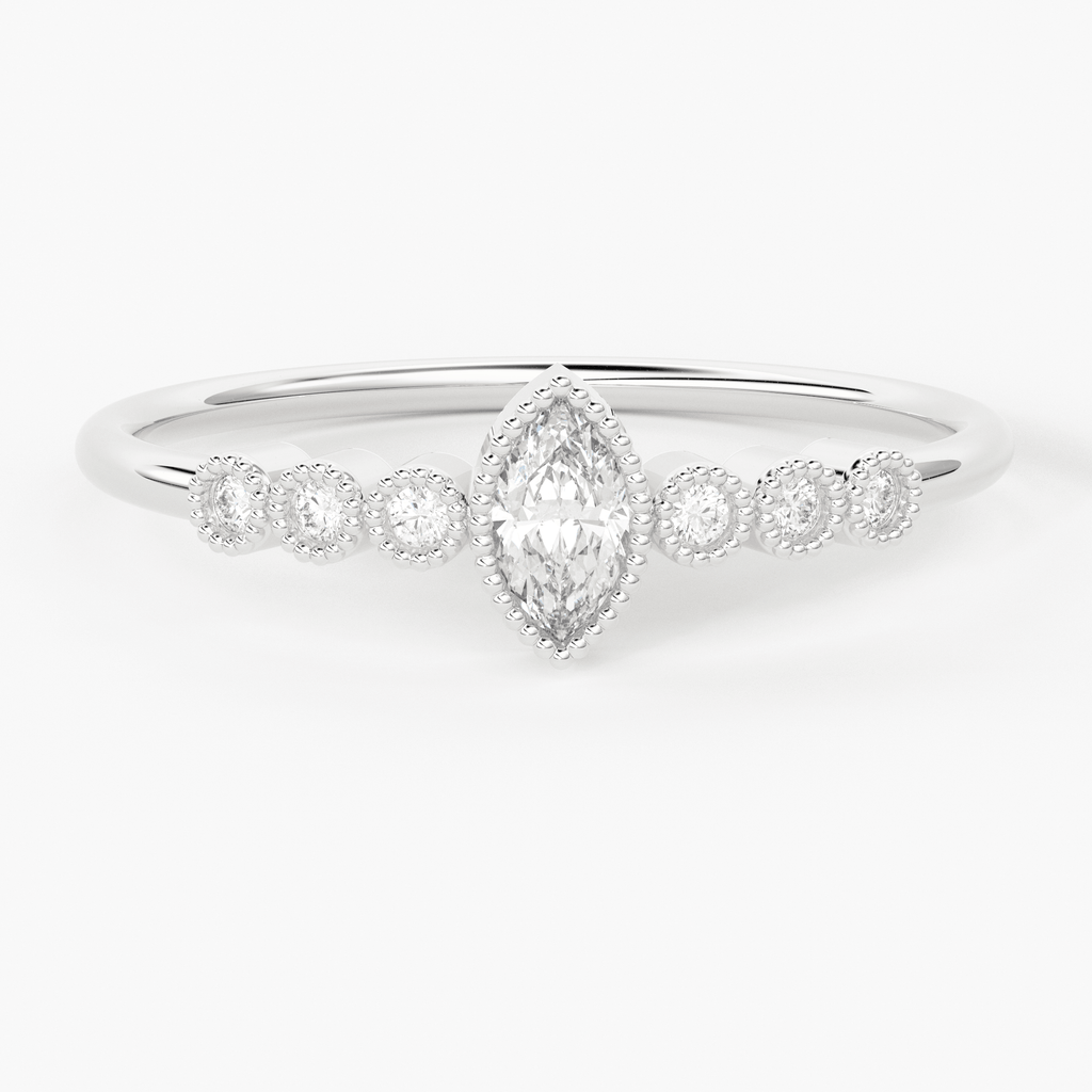 Marquise Diamond Ring / 14k Diamond Stackable Wedding Band / Round & Pear Shape Diamond Ring / Milgrain Anniversary Band - Jalvi & Co.