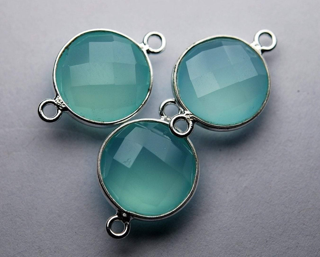 Matched Pair, 925 Sterling Silver, Aqua Chalcedony Faceted Coins Shape Pendant, 8 Piece Of 18mm - Jalvi & Co.