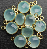 Matched Pair, 925 Sterling Vermeil Silver Aqua Chalcedony Faceted Coins Shape Connector Pendant, 10 Piece Of 19mm