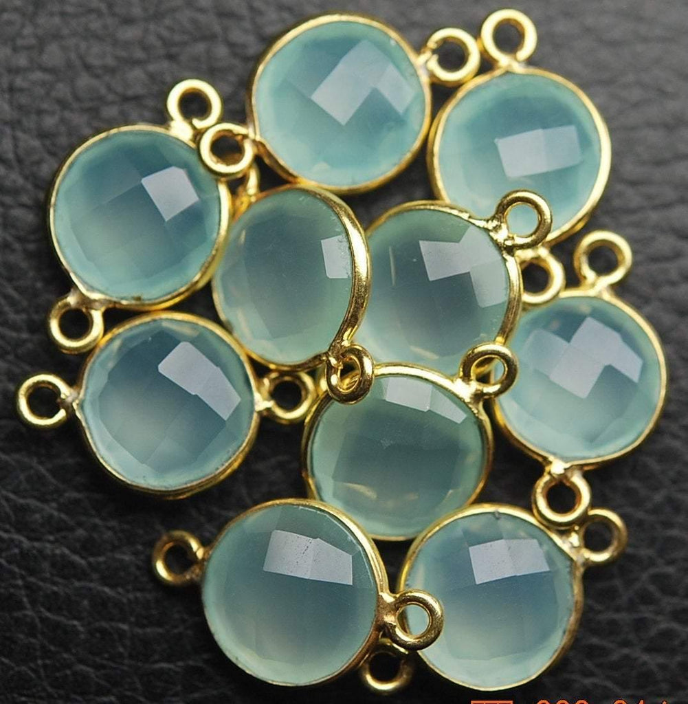 Matched Pair, 925 Sterling Vermeil Silver Aqua Chalcedony Faceted Coins Shape Connector Pendant, 10 Piece Of 19mm - Jalvi & Co.