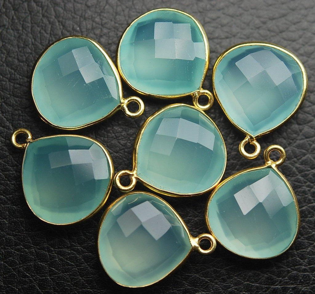 Matched Pair, 925 Sterling Vermeil Silver Aqua Chalcedony Faceted Heart Shape Pendant, 10 Piece Of 18mm - Jalvi & Co.