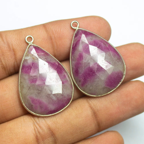 Matching Pair, 33mm, Untreated Pink Sapphire Rose Cut Pear 925 Sterling Silver Charm Pendant - Jalvi & Co.