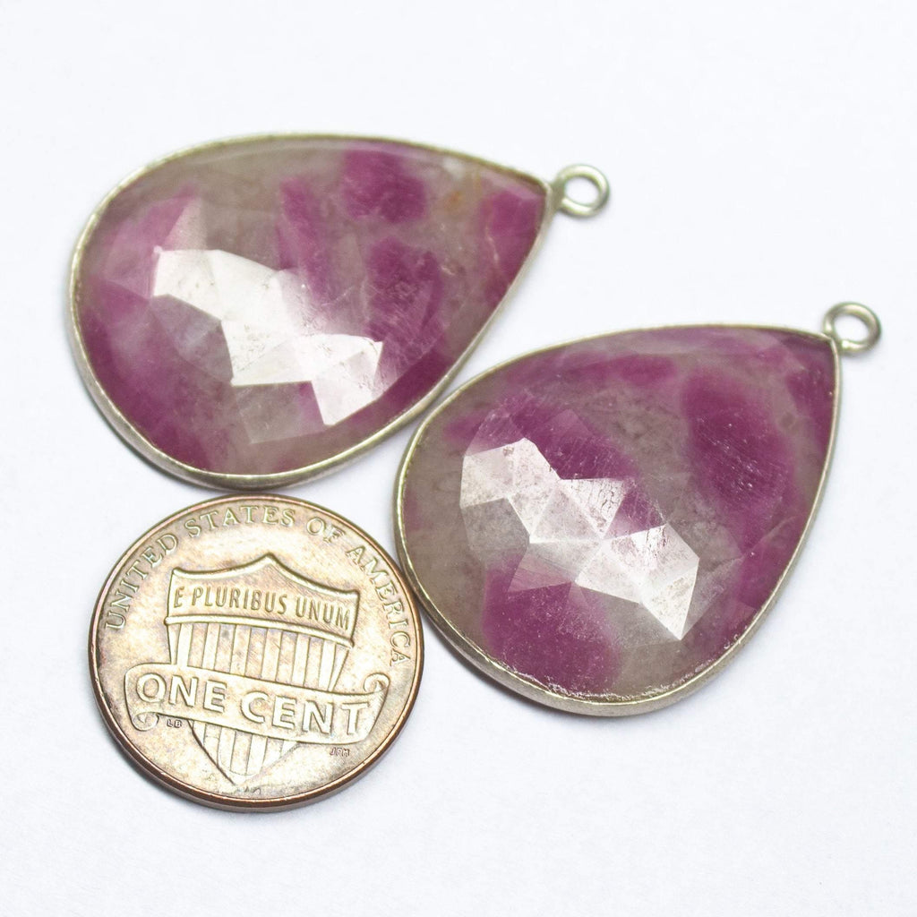 Matching Pair, 33mm, Untreated Pink Sapphire Rose Cut Pear 925 Sterling Silver Charm Pendant - Jalvi & Co.