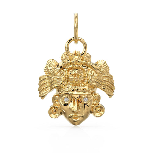 Mayan Head 14k Gold Charm / 18k Solid Gold Aztec Pendant / Round Cut Diamond Charm / Handmade Solid Gold Mask Charm / Mexican Gold Pendant - Jalvi & Co.