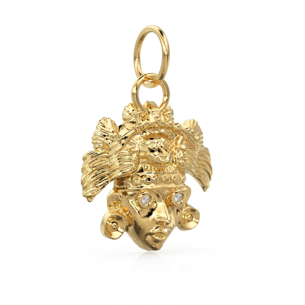 Mayan Head 14k Gold Charm / 18k Solid Gold Aztec Pendant / Round Cut Diamond Charm / Handmade Solid Gold Mask Charm / Mexican Gold Pendant - Jalvi & Co.