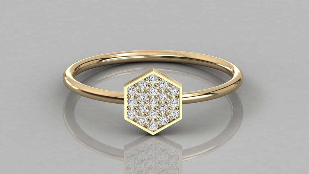 Micro Pave Hexagon Ring / 14k Gold Round Diamond Ring / Diamond Hexagon Ring / Diamond Stackable Ring - Jalvi & Co.