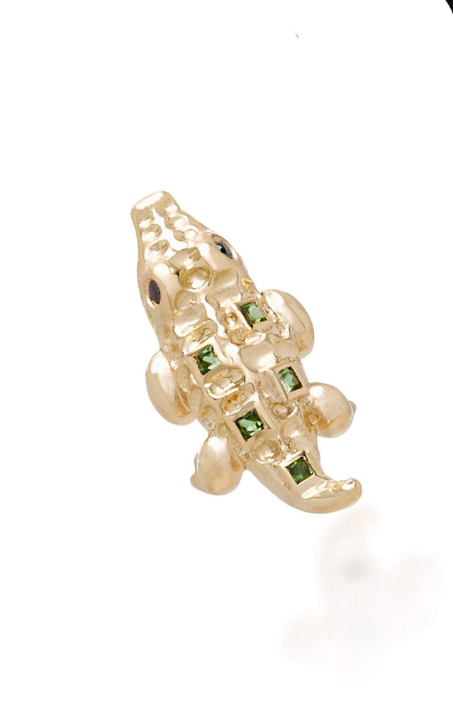 Mini Crocodile Black Diamond And Emerald 18k Solid Yellow Gold Single Earring - Jalvi & Co.