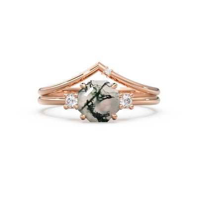 Moss Agate Opal Engagement Ring, Rustic Hexagon Gemstone Ring, Alternative Organic Octagon Wedding Ring, Diamond Solid Gold Bridal Ring Set - Jalvi & Co.