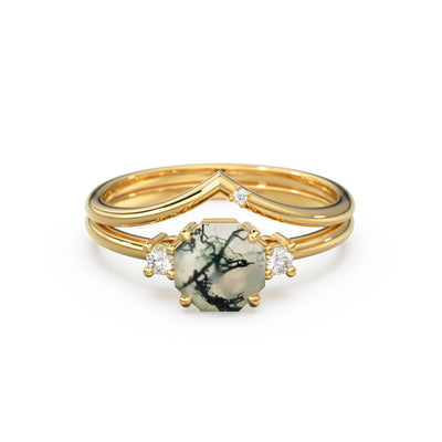 Moss Agate Opal Engagement Ring, Rustic Hexagon Gemstone Ring, Alternative Organic Octagon Wedding Ring, Diamond Solid Gold Bridal Ring Set - Jalvi & Co.