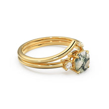 Load image into Gallery viewer, Moss Agate Opal Engagement Ring, Rustic Hexagon Gemstone Ring, Alternative Organic Octagon Wedding Ring, Diamond Solid Gold Bridal Ring Set - Jalvi &amp; Co.