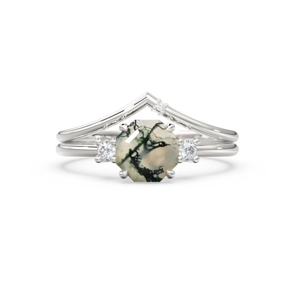 Moss Agate Opal Engagement Ring, Rustic Hexagon Gemstone Ring, Alternative Organic Octagon Wedding Ring, Diamond Solid Gold Bridal Ring Set - Jalvi & Co.