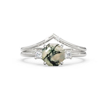 Load image into Gallery viewer, Moss Agate Opal Engagement Ring, Rustic Hexagon Gemstone Ring, Alternative Organic Octagon Wedding Ring, Diamond Solid Gold Bridal Ring Set - Jalvi &amp; Co.