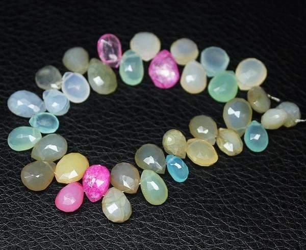 Multi Chalcedony Natural Faceted Pear Drop Briolette Beads Strand 6.5" 8mm 11mm - Jalvi & Co.