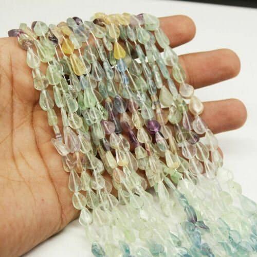 Multi Fluorite Smooth Pear Drop Flat Gemstone Loose Beads Strand 13
