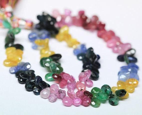 Multi gemstone Sapphire Ruby Emerald Faceted Pear Drop Beads 7" 6mm 7mm - Jalvi & Co.