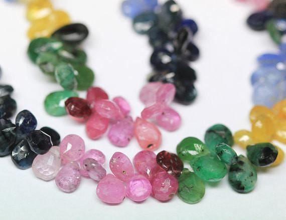 Multi gemstone Sapphire Ruby Emerald Faceted Pear Drop Beads 7" 6mm 7mm - Jalvi & Co.