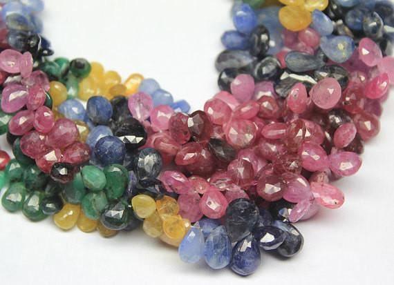 Multi gemstone Sapphire Ruby Emerald Faceted Pear Drop Beads 7" 6mm 7mm - Jalvi & Co.