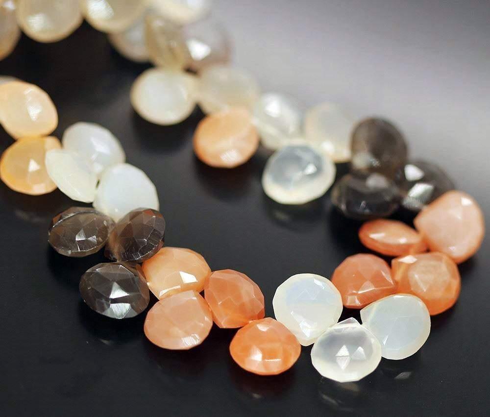 Multi Moonstone Faceted Loose Heart Drop Gemstone Craft Bead Strand 11mm 12mm 9" - Jalvi & Co.