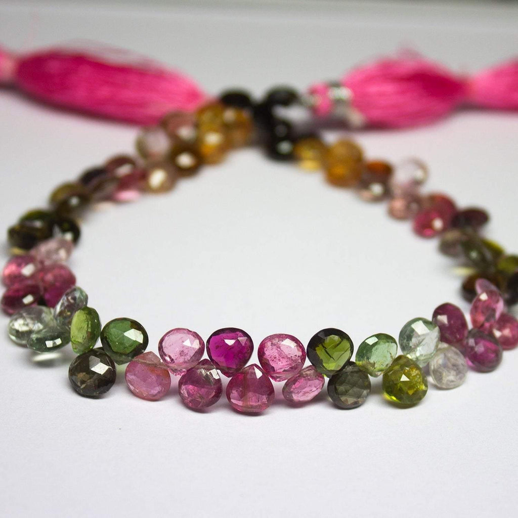 Multi Tourmaline Faceted Heart Drop Briolette Spacer Loose Gemstone Beads 9" 6mm - Jalvi & Co.