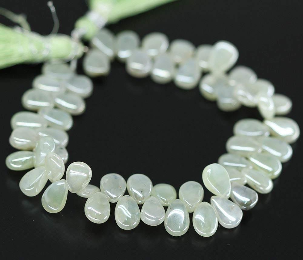 Mystic Green Silver Prehnite Smooth Pear Drop Loose Gemstone Beads 9mm 10mm 4" - Jalvi & Co.