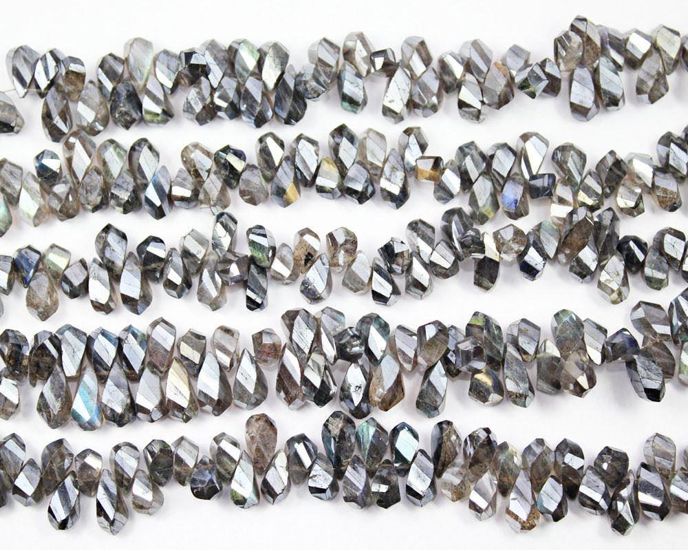 Mystic Silver Labradorite Faceted Twisted Briolette Teardrop Beads 10mm 14mm 8" - Jalvi & Co.