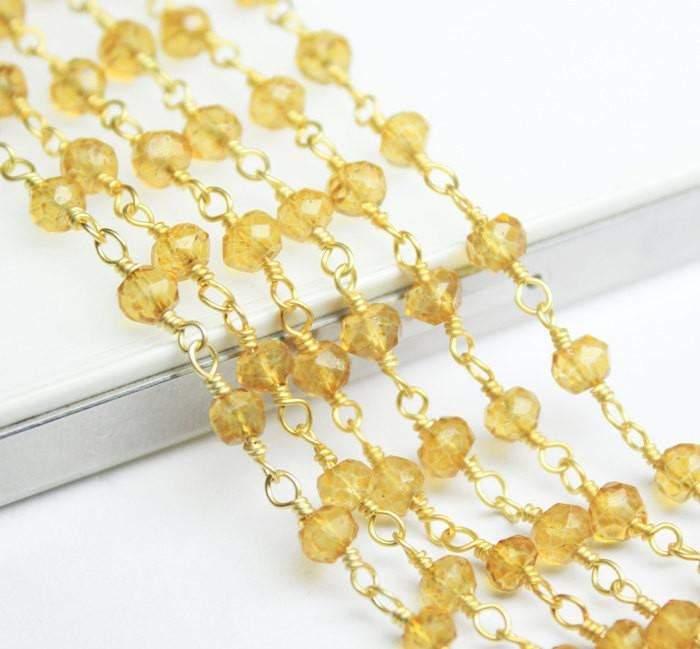 Mystic Yellow Quartz Faceted Beads Rosary Style Beaded Chain - Citrine Quartz Wire Wrapper Sterling Silver Vermeil Chain - Size 4mm - Jalvi & Co.