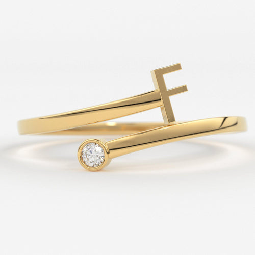 Name Ring/ Personalized Initial Letter Ring Set with Bezel Set Solitaire Diamond Ring in 14k Gold/ Perfect Gift for Mother / Birthstone Ring - Jalvi & Co.