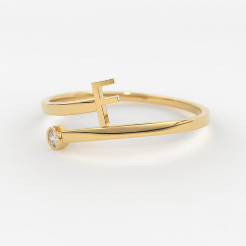 Name Ring/ Personalized Initial Letter Ring Set with Bezel Set Solitaire Diamond Ring in 14k Gold/ Perfect Gift for Mother / Birthstone Ring - Jalvi & Co.