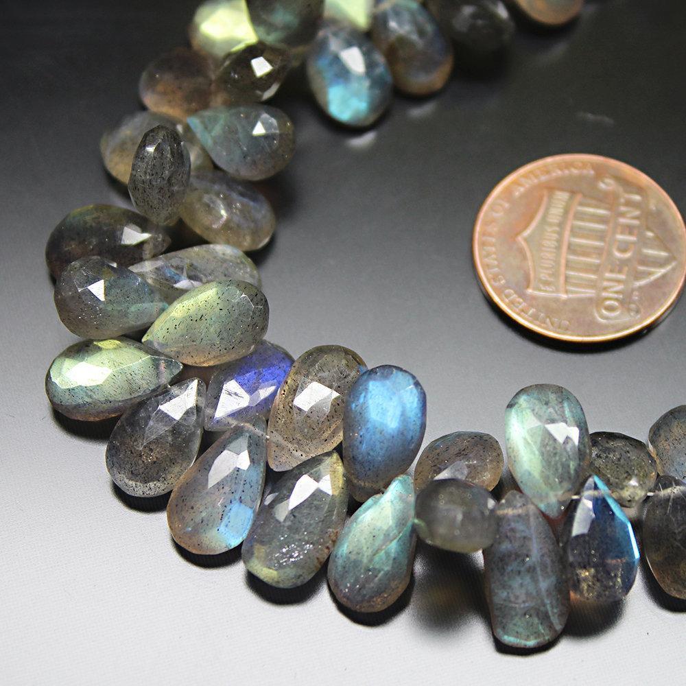 Natural AAA Blue Fire Labradorite Faceted Pear Drop Briolette Beads 8" 7mm 10mm - Jalvi & Co.