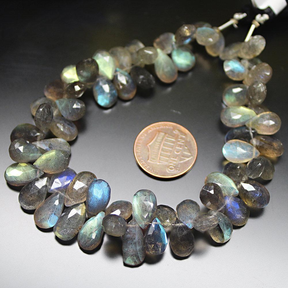 Natural AAA Blue Fire Labradorite Faceted Pear Drop Briolette Beads 8" 7mm 10mm - Jalvi & Co.