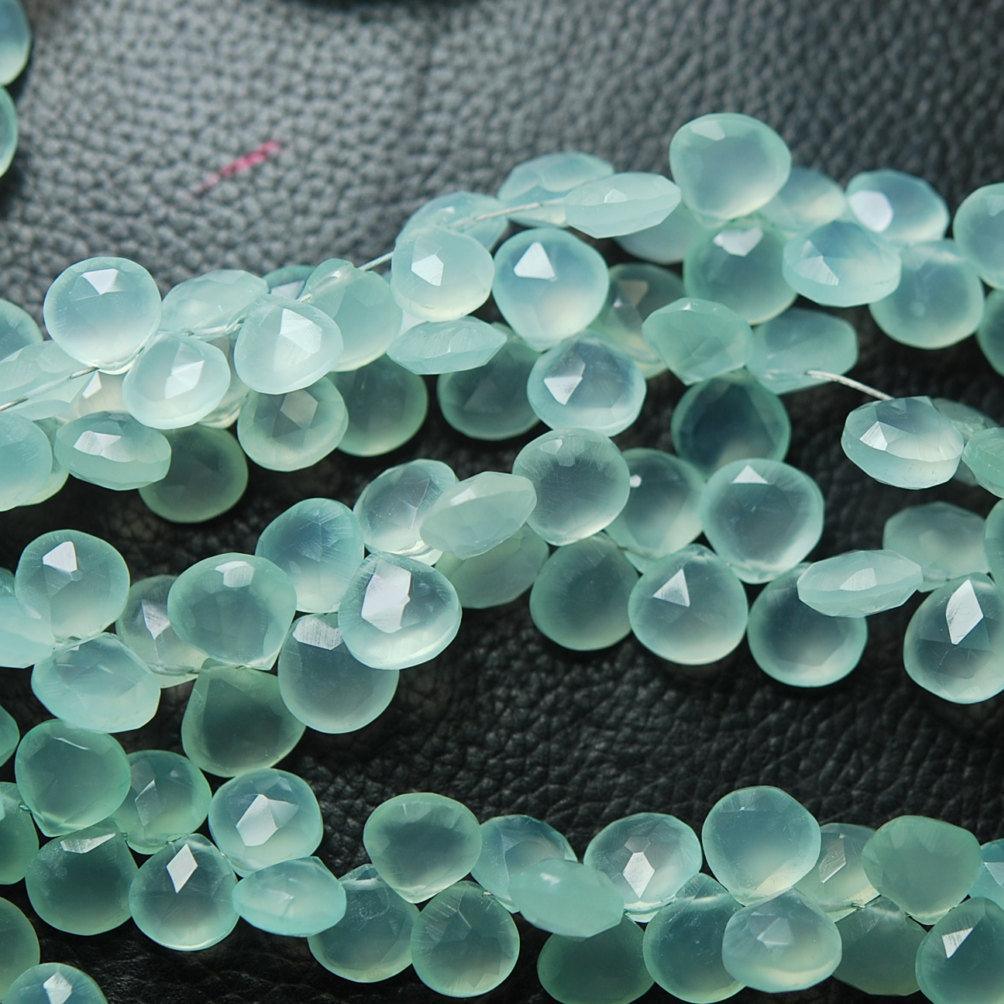 Natural Aqua Chalcedony Faceted Heart Briolette Gemstone Loose Beads 8" 8mm - Jalvi & Co.